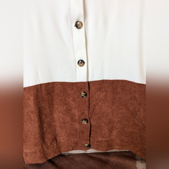 New Colorblock Corduroy Brown With White & Leopard Print Drop Shoulder Shacket - Picture 7 of 15